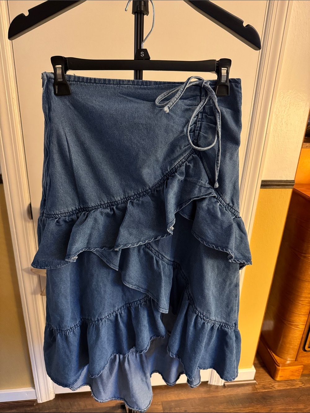 Denim Ruffle High-Low Skirt - Blue